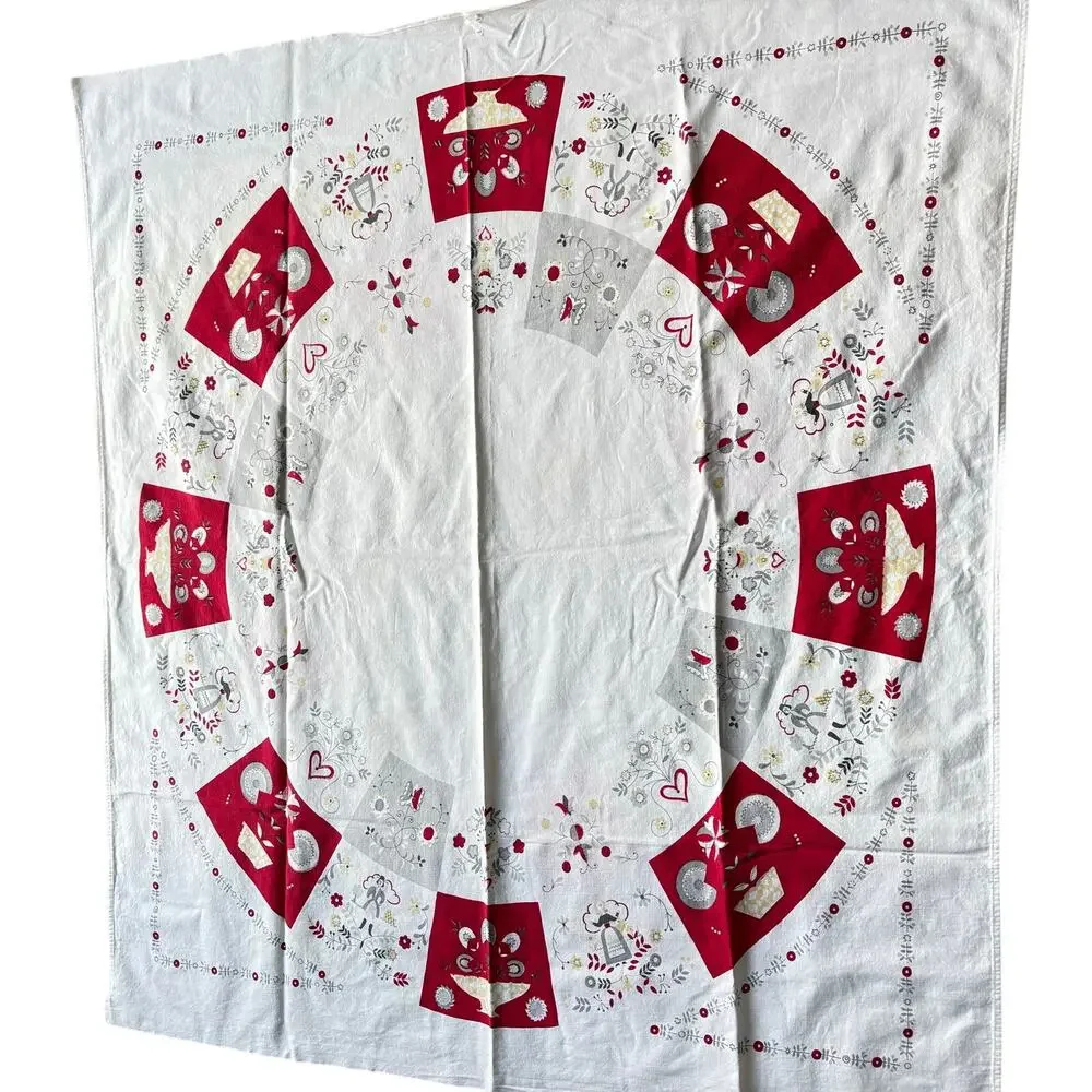 Red & white cotton tablecloth Pennsylvania Dutch motif mid century minor FLAWS